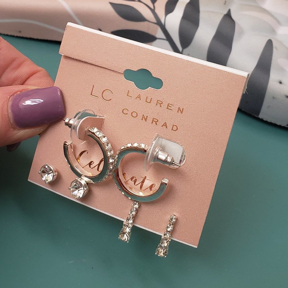 LC Lauren Conrad, NWT, 3 prs of earrings, clear jewel hoop, stud, dangle